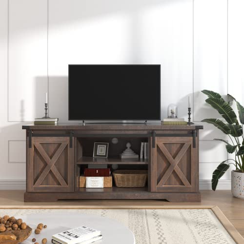 St.Mandyu Farmhouse TV Stand for TVs up to 65 inch, Wood Entertainment Center with Sliding Barn Doors, Media Console Storage Cabinets with Adjustable Shelves for Living Room Bedroom Office, Brown