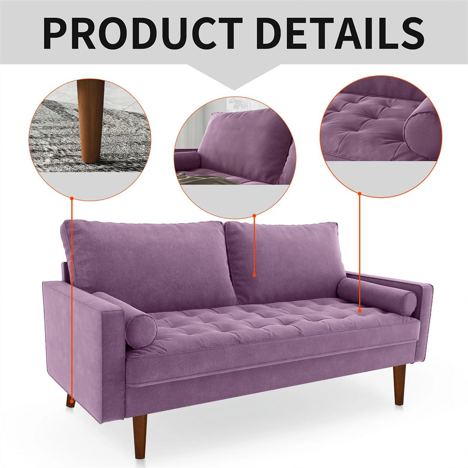 Pemberly Row Contemporary 70" Upholstered Velvet Sofa in Purple
