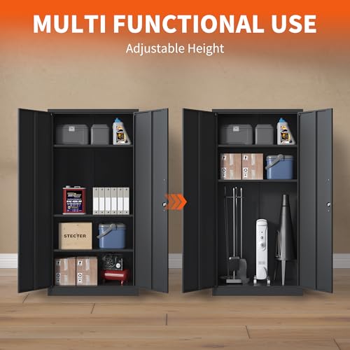 Metal Storage Cabinet with Wheels, Lockable Garage Cabinet with Doors and Shelves, Rolling Tool Storage, Assembly Required, Black