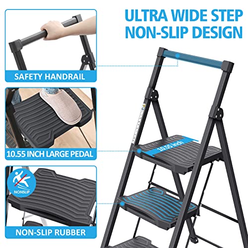 KINGRACK 5 Step Ladder with Tool Platform, Sturdy Step Stool with Handrail, Folding Steel Ladder with Wide Pedal, Safety Ladder for Adults Home Outdoor Painting Garage