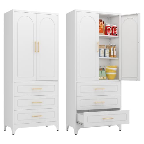 Metal Storage Cabinet with Doors and Shelves, 71 Inch Tall Kitchen Pantry Cabinet, Pantry Cabinets for Kitchen Storage, Freestanding Cupboard for Living, Dining Room, White, Assembly Required
