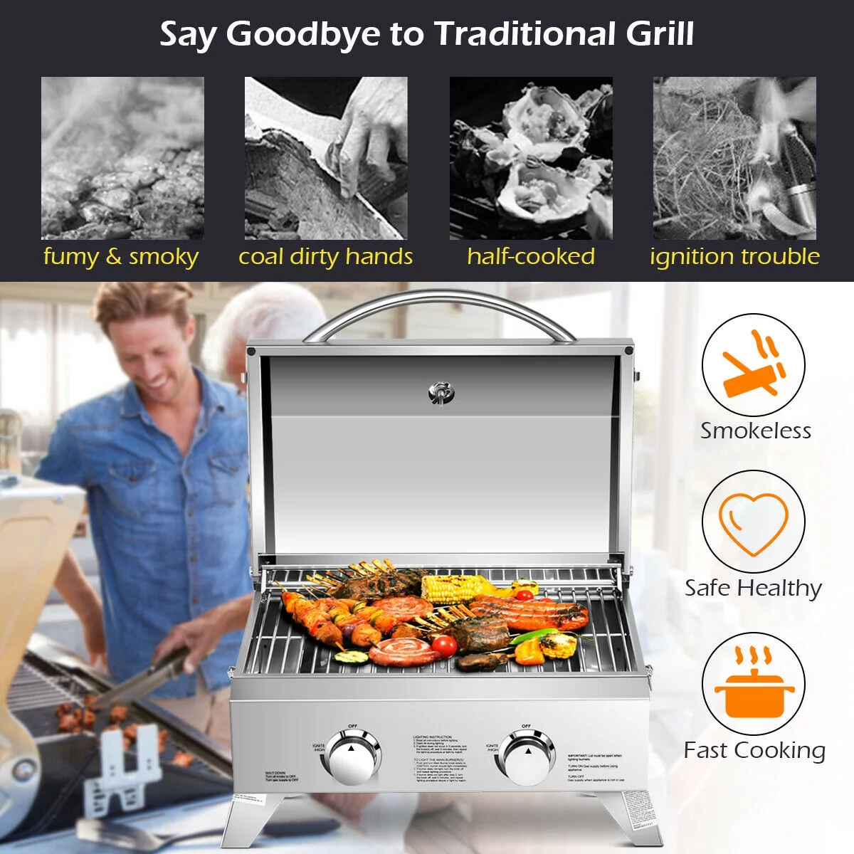 Gymax 2 Burner Portable BBQ Table Top Propane Gas Grill Stainless Steel