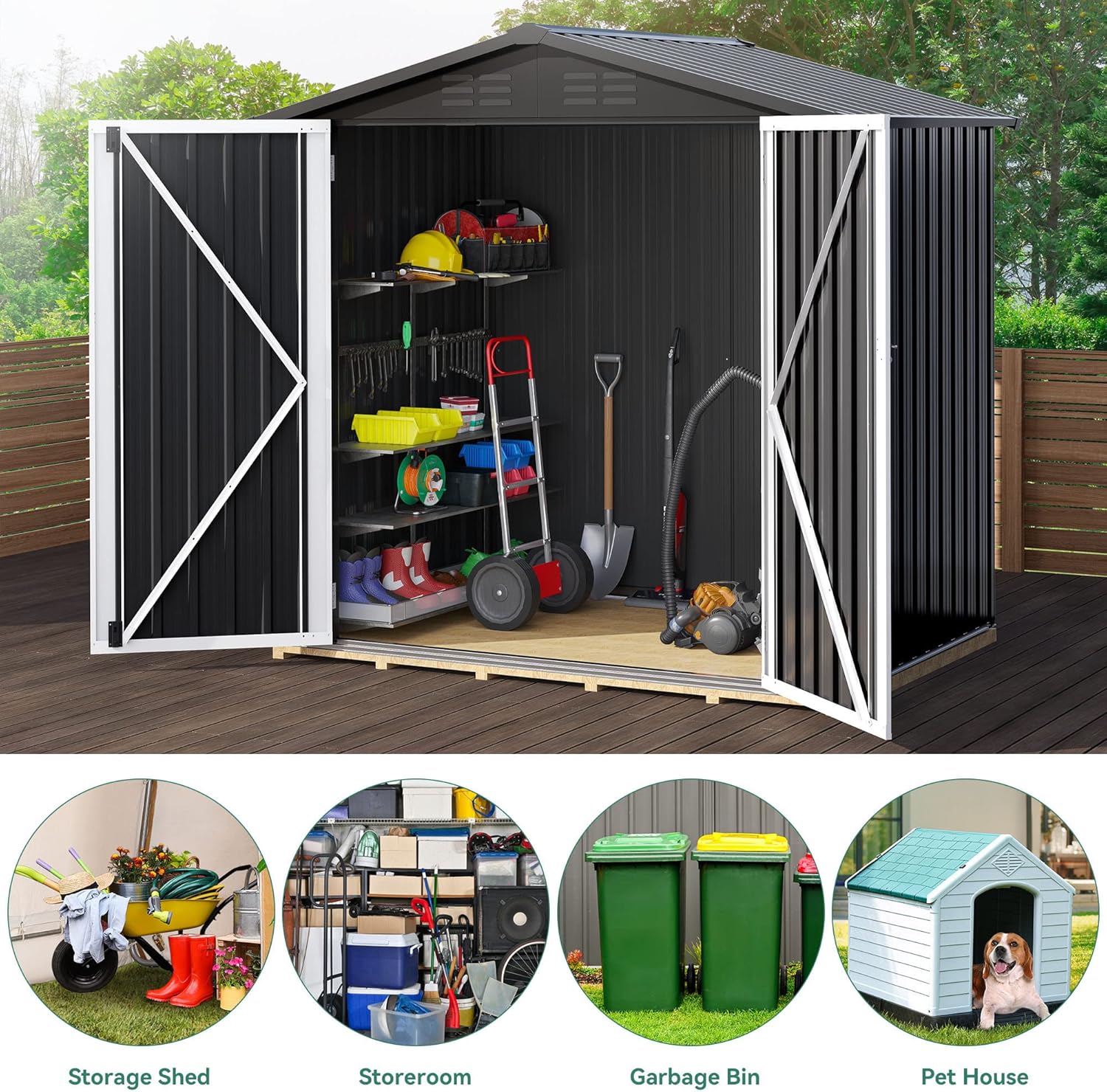 DWVO 6 x 4FT Outdoor Storage Shed, Large Metal Tool Sheds, Heavy Duty Storage House with Lockable Doors & Air Vent for Backyard Patio Lawn to Store Bike, Tool, Lawnmower, Waterproof, Black