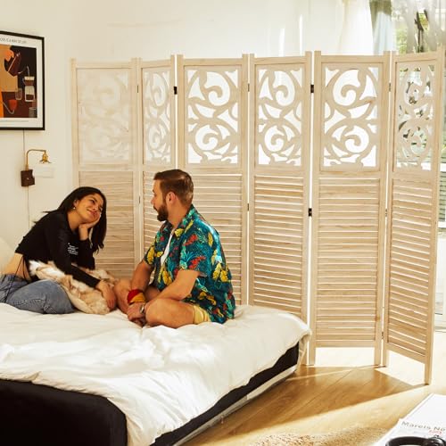 Folding Room Divider, 5.6Ft 6 Panels Wood Carved Privacy Screens, Free Assembled Freestanding Portable Reversible Functional Decorative Partition for Home Office Bedroom (White-Washed)