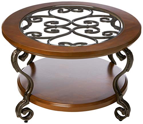 Signature Design by Ashley Nestor Traditional Oval Coffee Table with Beveled Glass Top, Scrollwork Underlay and 1 Fixed Shelf, Dark Brown