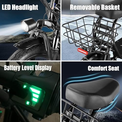 Caroma Peak 500W/800W/1200W Electric Scooter with Seat, Max 15/20/30Miles Range&20MPH, 14" Tires Foldable Adult Electric Scooter with Basket for Pets & Cargo, Dual Shock Absorbing Ebike for Commuting