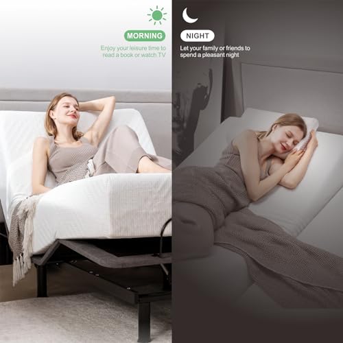 MUUEGM Adjustable Bed Base Queen,Motorized Head and Foot Incline,Upholstered Bed Frame,Wireless Remote Control,Anti-Snore,USB Ports,Memory Pre-Sets,Zero Gravity,3 Modes Massage,LED Under-Bed