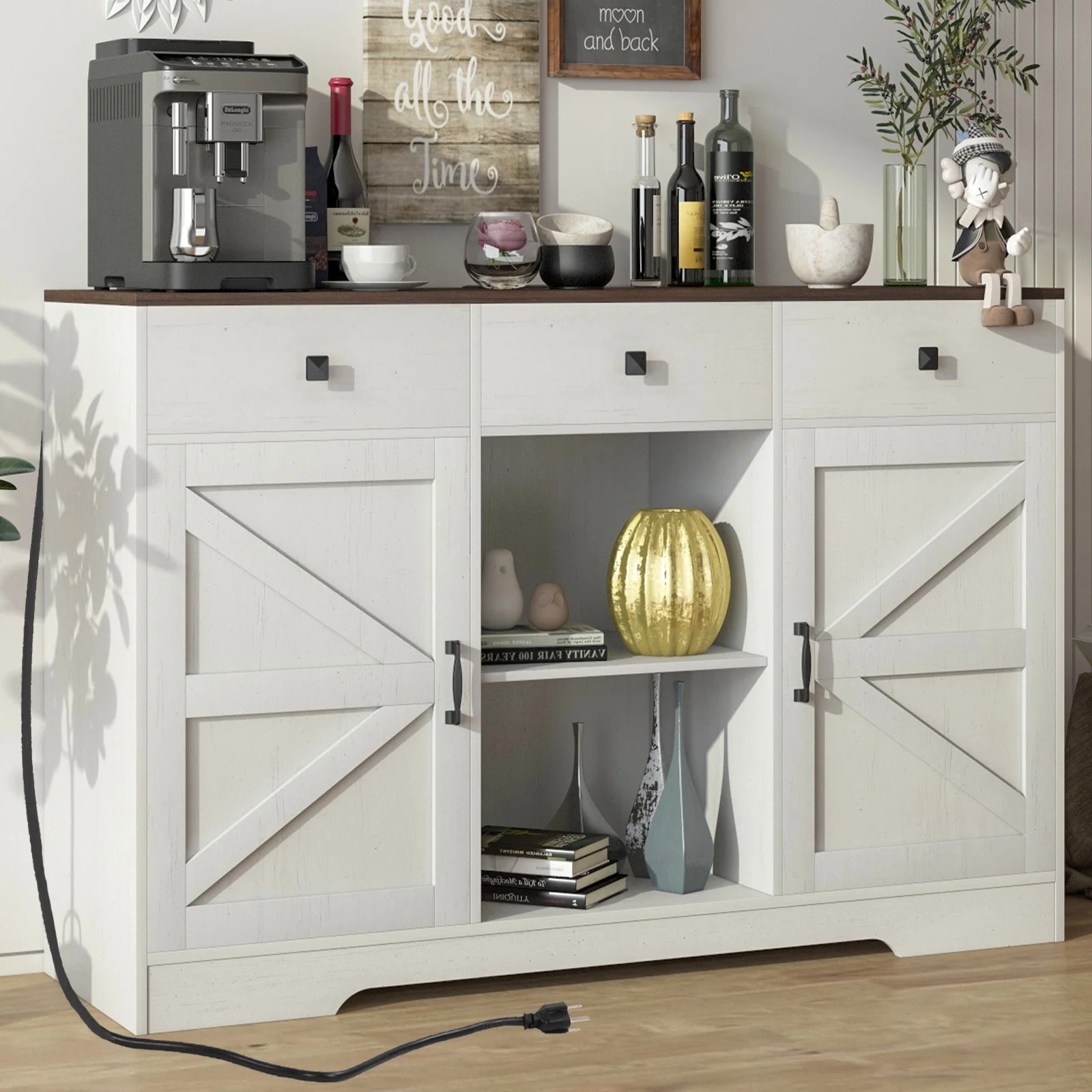 53" Modern Farmhouse Coffee Bar Cabinet with Power Outlet & 3 Drawers, Wood Kitchen Sideboard Buffet Cabinet with 2-Door Cabinet and Adjustable Shelves(White-53")