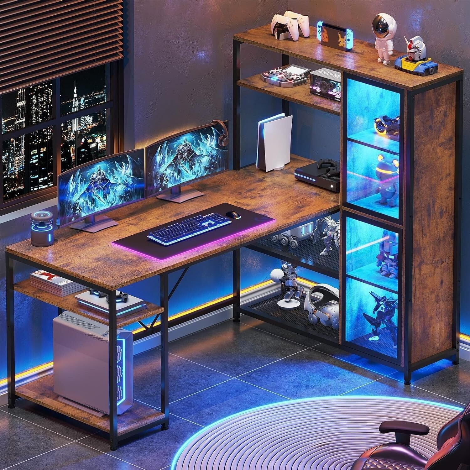 New Modern Rustic Brown L Shaped Desk Gaming Computer LED Light Bookshelf Corner Desk Storage Shelves Wood Display Cabinet Study Home Office 59”L x 31.5”W x 50.7”H of Set