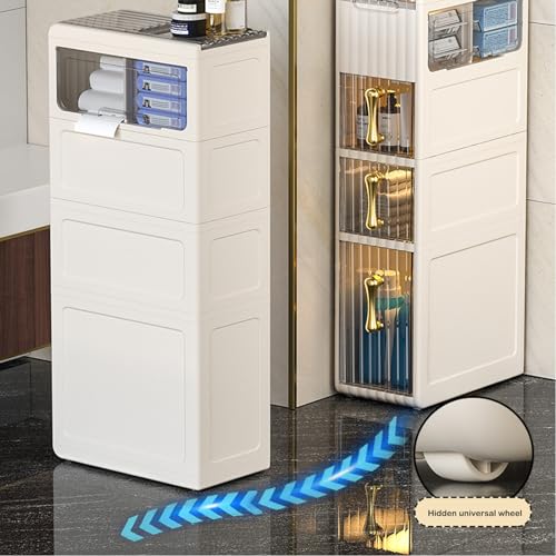 2 -Tiers Bathroom Floor Storage Cabinet Narrow Slim Tall Movable Towel Organizer Side Freestanding Rolling Unit with Clear Drawers for Small Space Laundry Living Room Gap