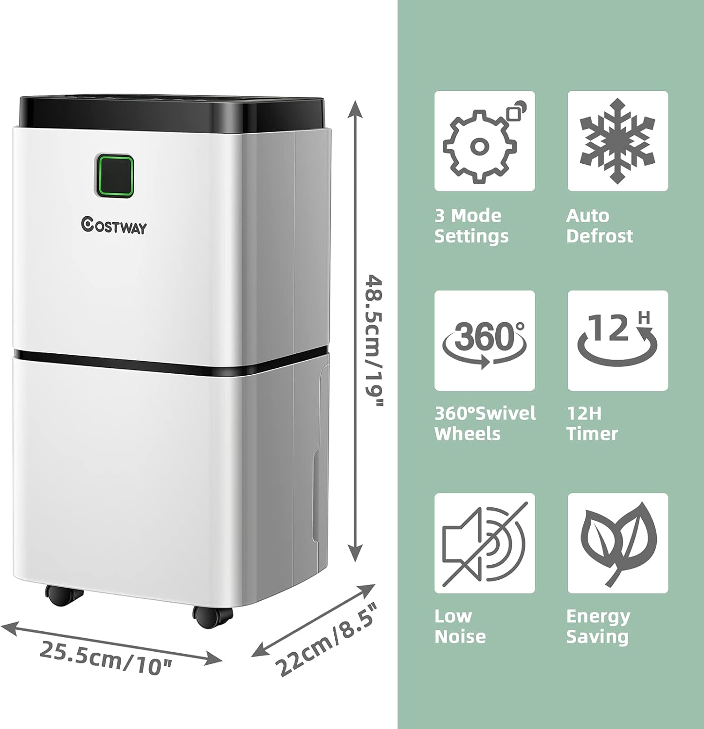 COSTWAY 1500 Sq. Ft Dehumidifier for Home & Medium Spaces, Portable 24 Pints Dehumidifier w/ 3 Color LED Light, 3 Modes, 2 Speeds, 12H Timer, Auto or Manual Drainage, 0.5 Gallon Water Tank & 4 Wheels