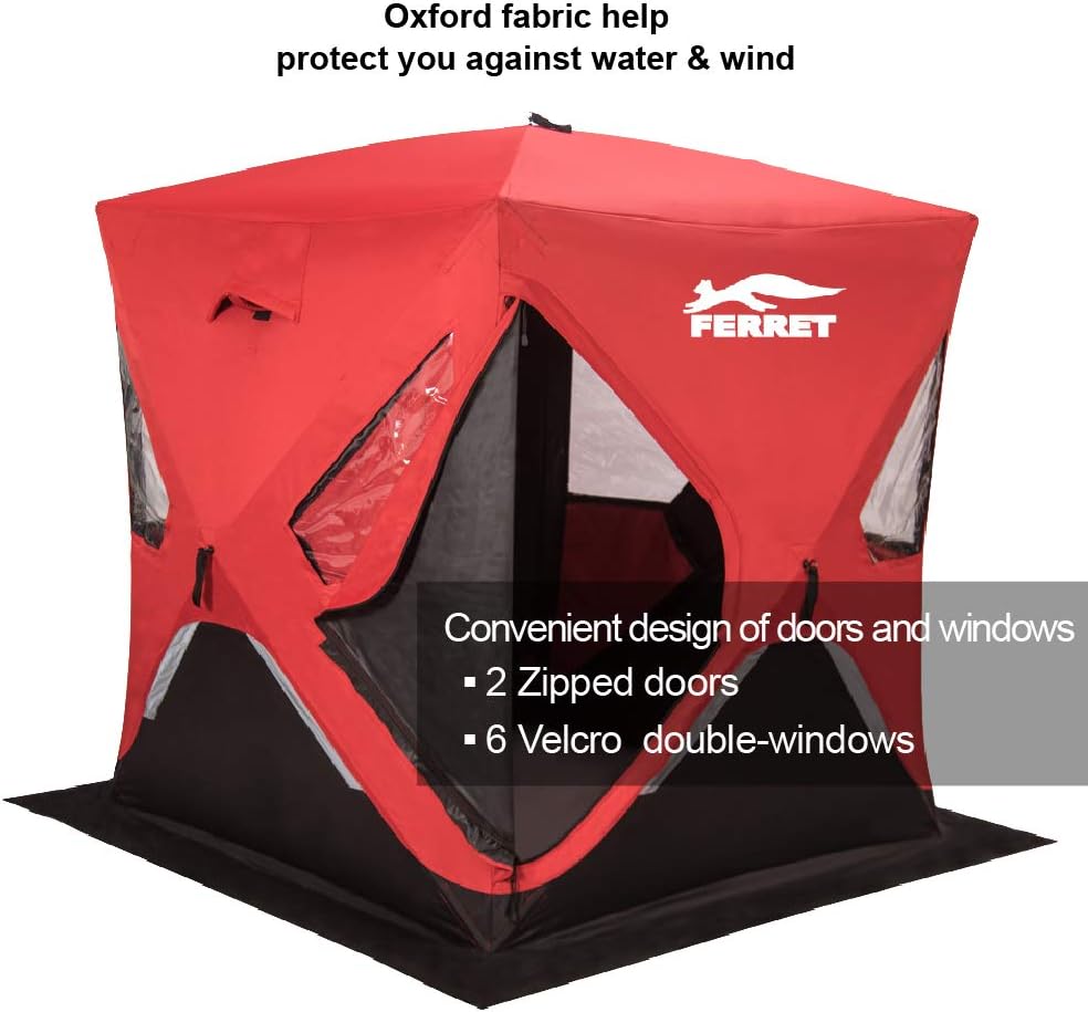 FERRET 1-2 Person 58X58X66 Waterproof Pop-up Portable Ice Shelter Tent Ice Shelter Fishing Tent with Carrier Bag, Red