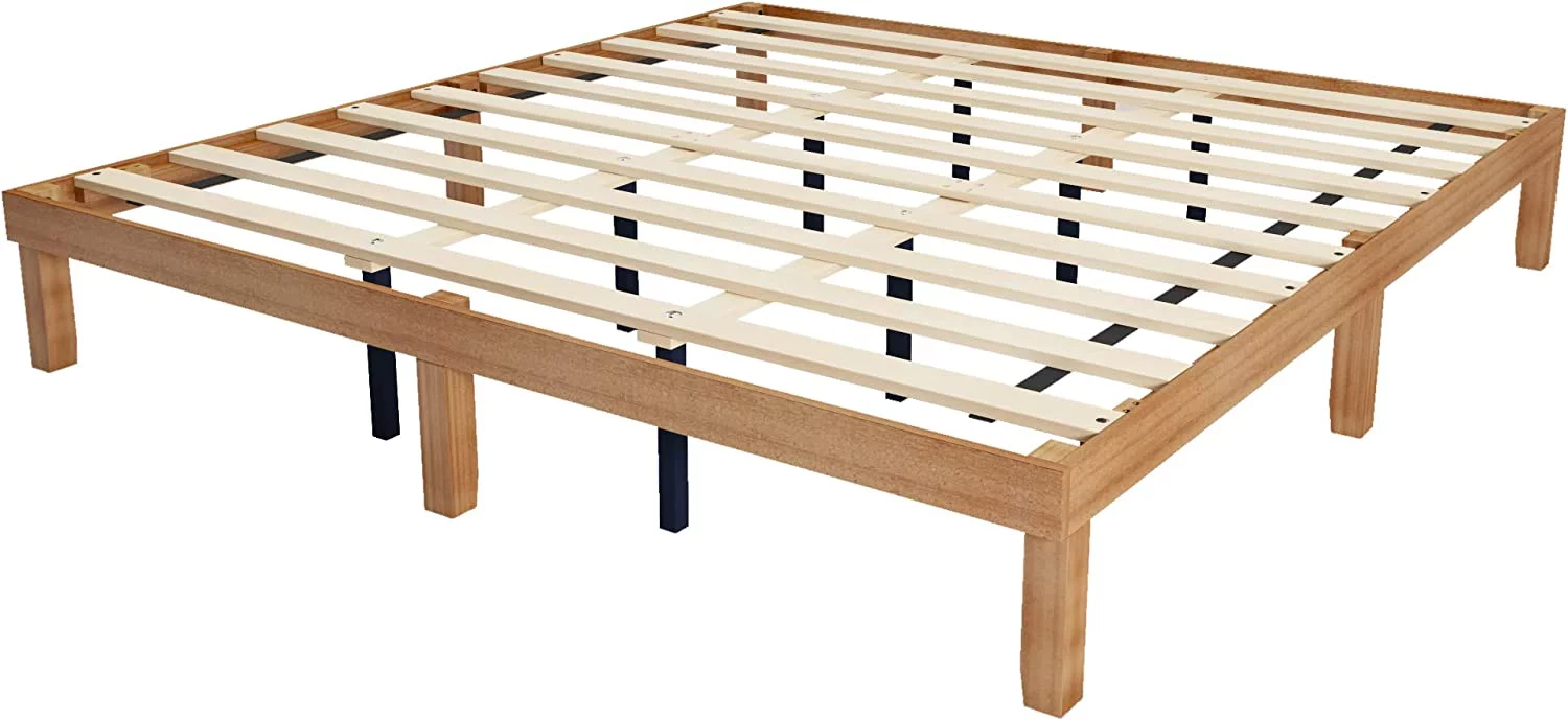 AngLink Queen Size Wood Platform Bedframe - No Headboard Bed Frame with 10 Legs Support, No Box Spring Needed, Strong Wood Slat Support, Easy Assembly丨Natural