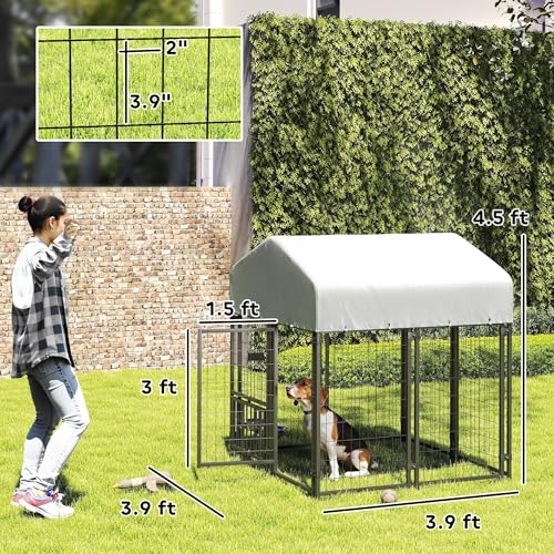 PawHut 4.6' x 4.6' x 5' Dog Kennel Outside, Welded Wire Outdoor Dog Kennel Run with Waterproof & UV Resistant Cover, for S&M Breeds, Chickens, Ducks, Black