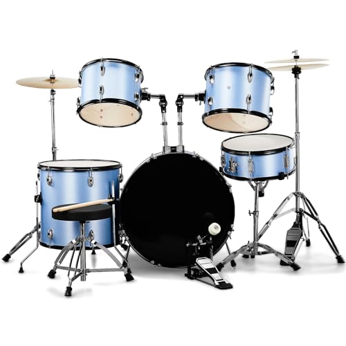 Ktaxon 22 Inch Adult Drum Set, 5-Piece Full-Size Drums Kit with Cymbal Stands, Hi-hat Stand, Sticks, Drum Pedal, Stool & Floor Tom for Beginner Teens Student (Blue)