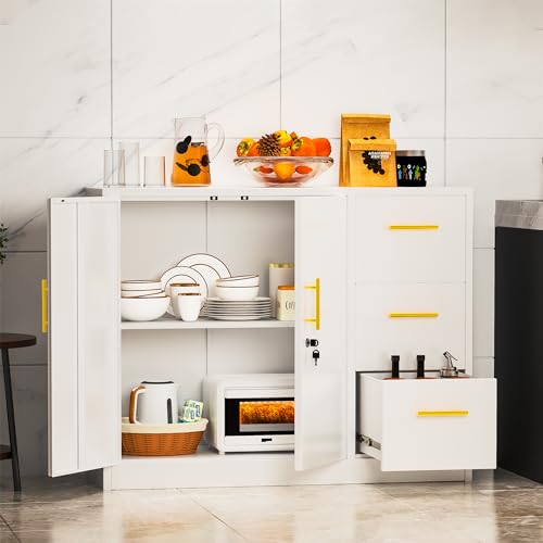 Large Metal Sideboard Buffet Cabinet with 2Doors and 3Drawers,Cupboard Console Coffee Wine Bar,lateral File Cabinet with Lock,Storage Accent Cabinet for Kitchen Dining Room, Living Room,Entryway