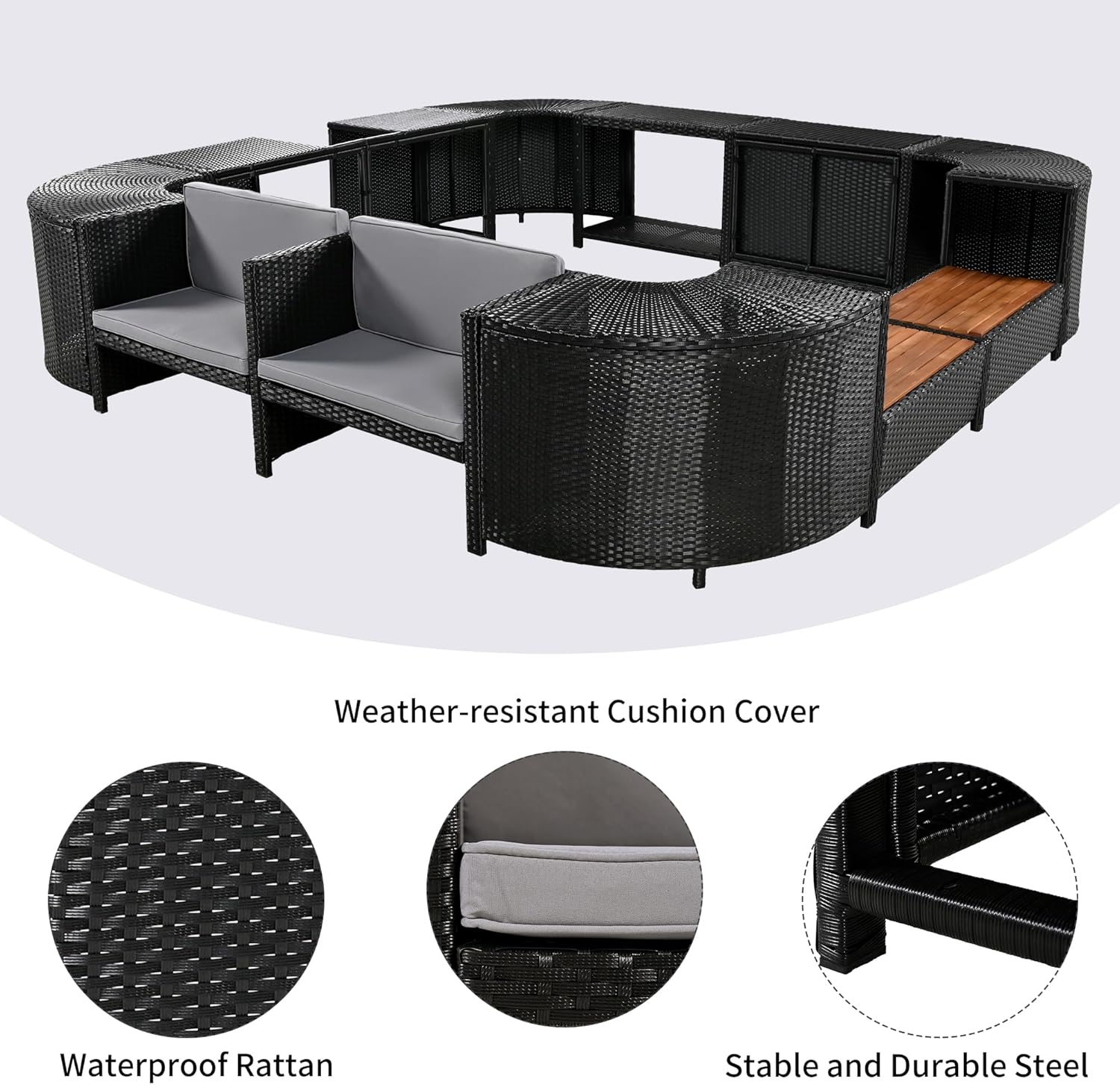 Quadrilateral Outdoor Rattan Sectional Sofa Mini Couch, Patio Conversation Sets with Wooden Seats and Storage Spaces, Spa Surround Frame for Gardern, Poolside, Gray