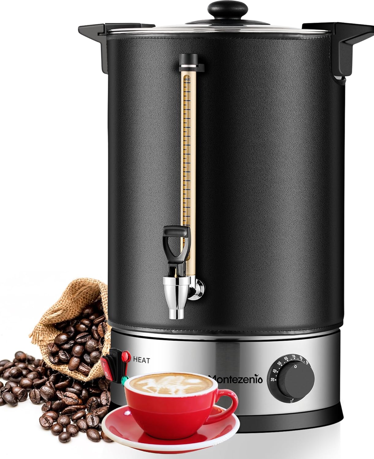 100 Cup Commercial Coffee Urn,Stainless Steel &Thermal Sleeve, 15L Large Coffee Dispenser to Quick Brewing, Hot Water Urn for Home Party Office Catering with Water Level，Temp Control,Indicator Display