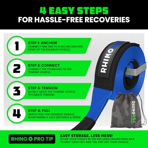 Rhino USA Recovery Tow Strap (3" x 20') - 31,518lb Break Strength - Emergency Recovery Strap Tow Rope for Truck, UTV, ATV & More - Heavy Duty Towing Strap for Offroad 4x4 Use - Compatible with Jeep