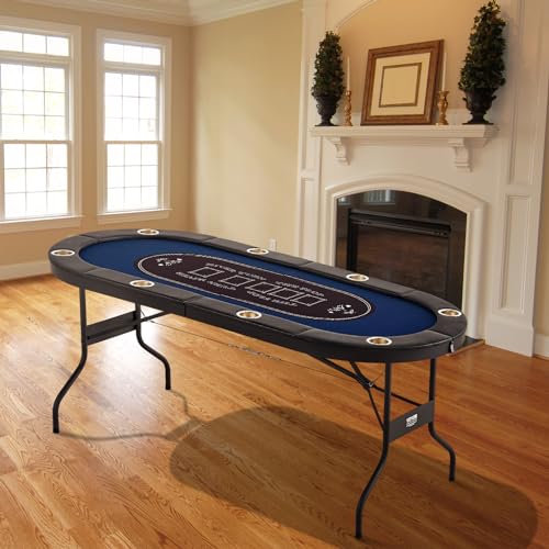 VEVOR 10 Player Poker Foldable Portable Folding Card Board Game, Casino Leisure, Blackjack Texas Holdem Table with Padded Rails and Stainless Steel Cup Holders, 84", Blue
