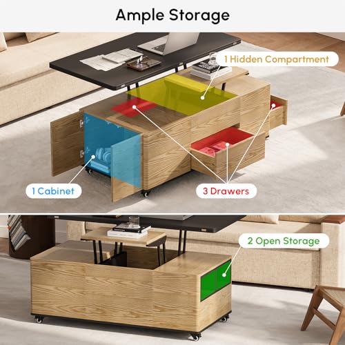 homary Black Lift-Top Coffee Table with Hidden Storage, 3-in-1 Modern Folding Center Table with 4 Stools, Casters, and Lockable Wheels – Convertible Dining & Office Table for Living Room