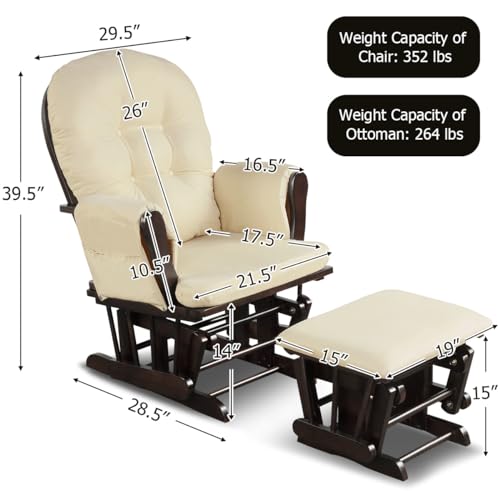 Costzon Nursery Glider with Ottoman, Upholstered Comfort Glider Rocker with Padded Cushion, Storage Pocket, Solid Wood Base, Rocking Chair Nursery for Breastfeeding, Maternity, Napping (Brown)