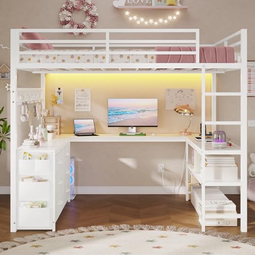ADORNEVE Loft Bed Full Size with U-Shaped Desk, 6 Storage Drawers, Power Outlet, LED Metal Loft Bed with 2 Storage Shelves, Bed with Safety Guardrail & Ladders, No Box Spring Needed, Rustic Brown