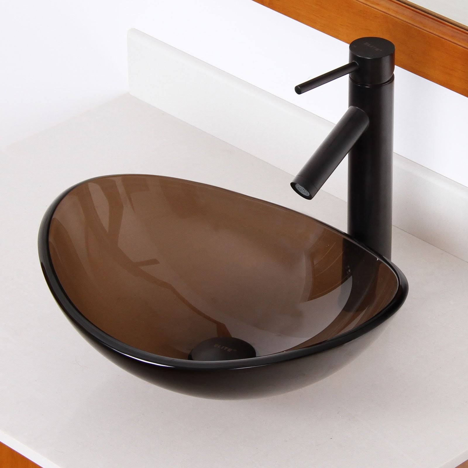Elite 1417+2659 Unique Oval Transparent Brown Tempered Glass Bathroom Vessel Sink with Faucet Combo - Chrome Finish Faucet+Sink