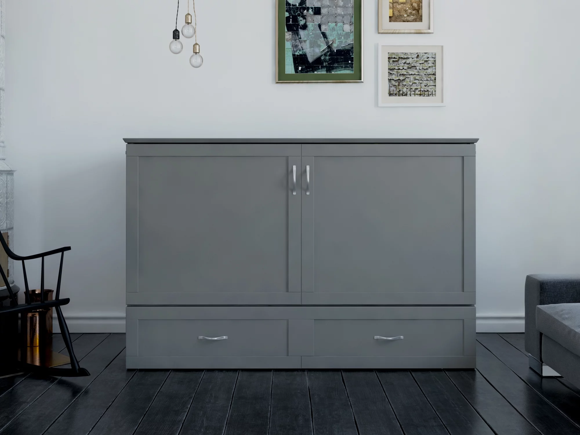 AFI Hamilton Queen Solid Wood Murphy Bed Chest with Mattress, Drawer and Charger in Gray
