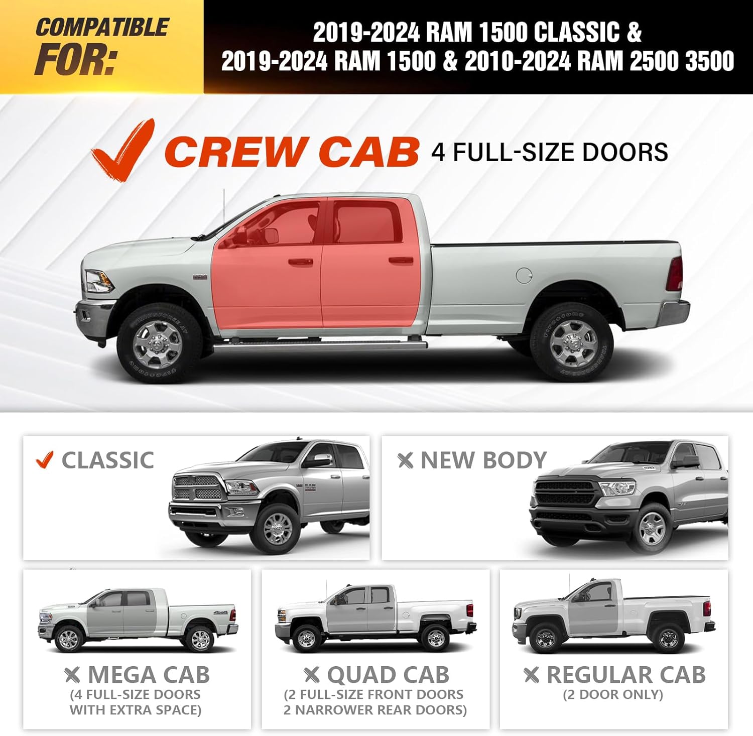 Crew Cab Running Boards Compatible for 2009-2018 Dodge Ram 1500, 2019-2024 Ram 1500 Classic, 2010-2024 Ram 2500 & 3500 CrewCab Side Steps, Bolt-on Nerf Bar, Heavy-Duty Steel Two Stairs Design