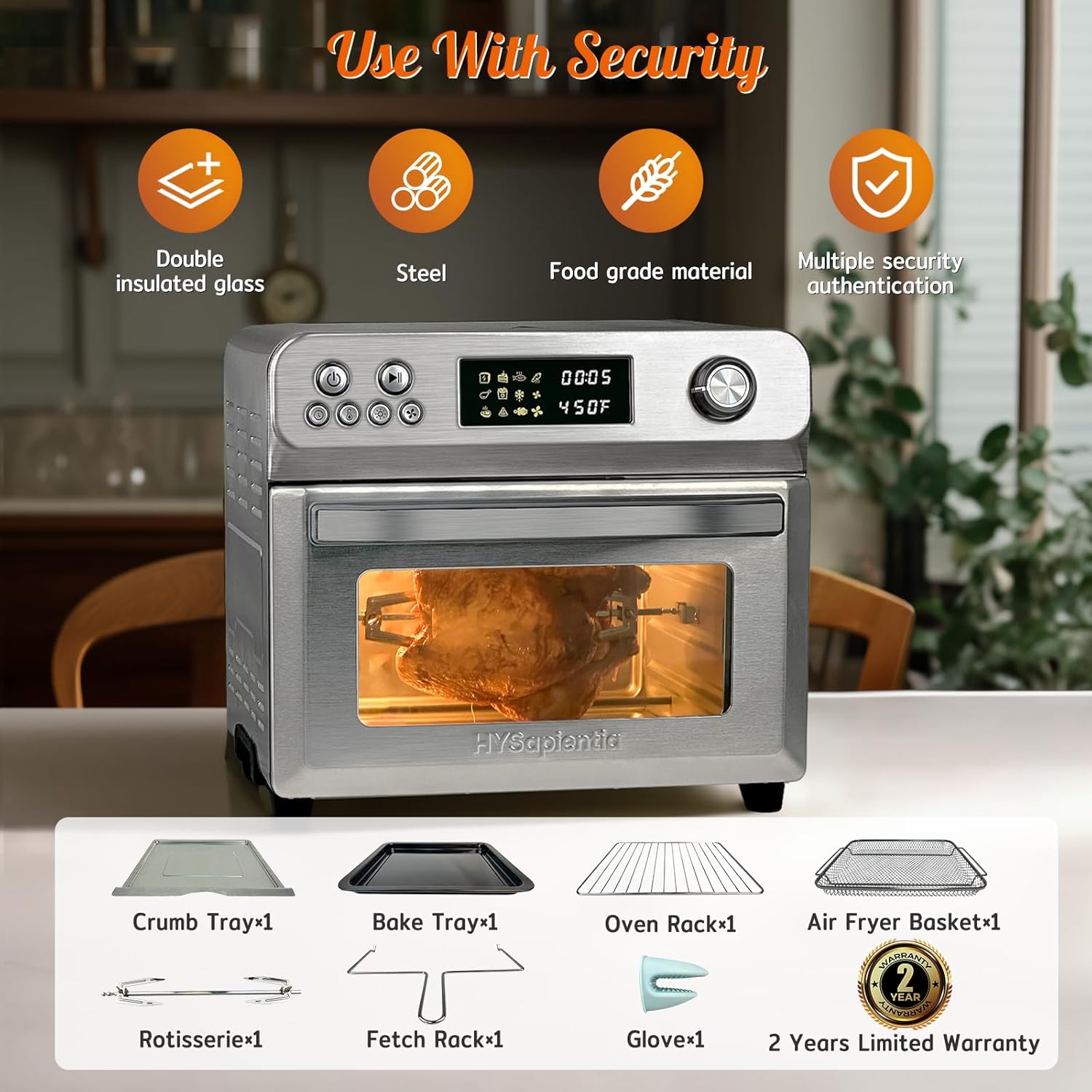 HYSapientia Air Fryer Oven Combo, 26Quart 10-in-1 Large Toaster Oven Combo with LED Display Knob Control, Stainless Steel 1800W with Full Accessory Set