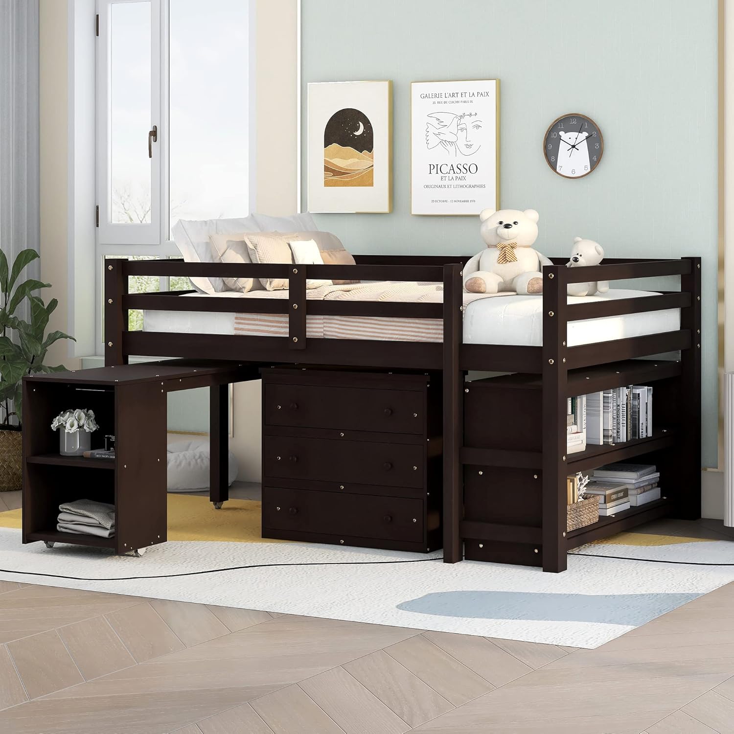 Low Study Full Loft Bed with Cabinet,Shelves and Rolling Portable Desk,Multiple Functions Bed- Espresso