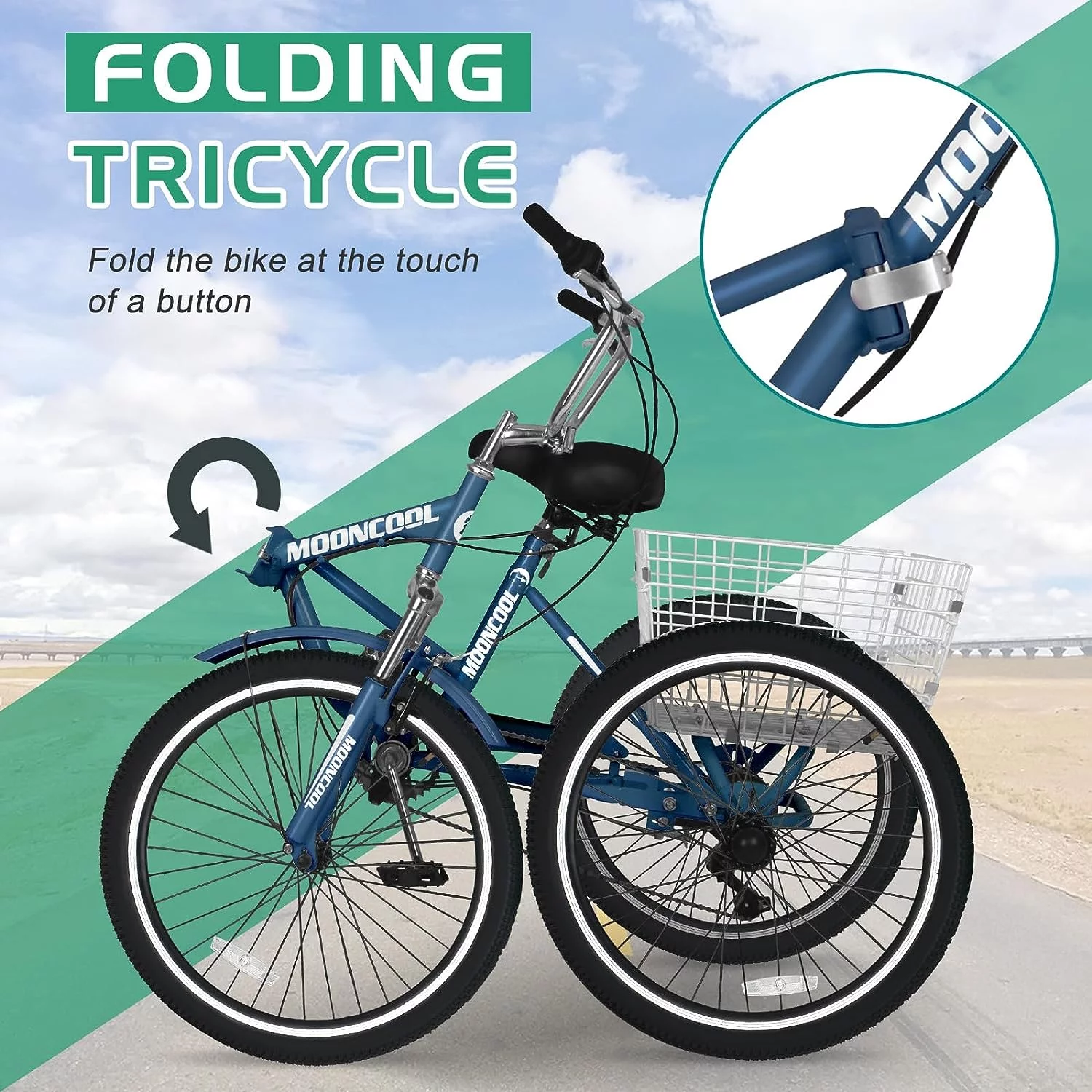 Slsy Adult Folding Tricycle for Adults, 7 Speed 20/24/26 inch 3 Wheels Bikes with Basket, Foldable Tricycle for Adults, Women, Men, Seniors