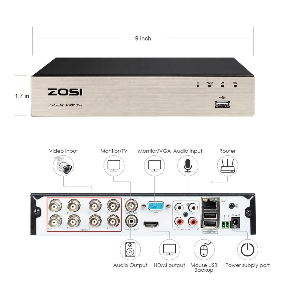 ZOSI 8-Channel 1080p DVR Security Camera System with 8-Wired Dome Cameras