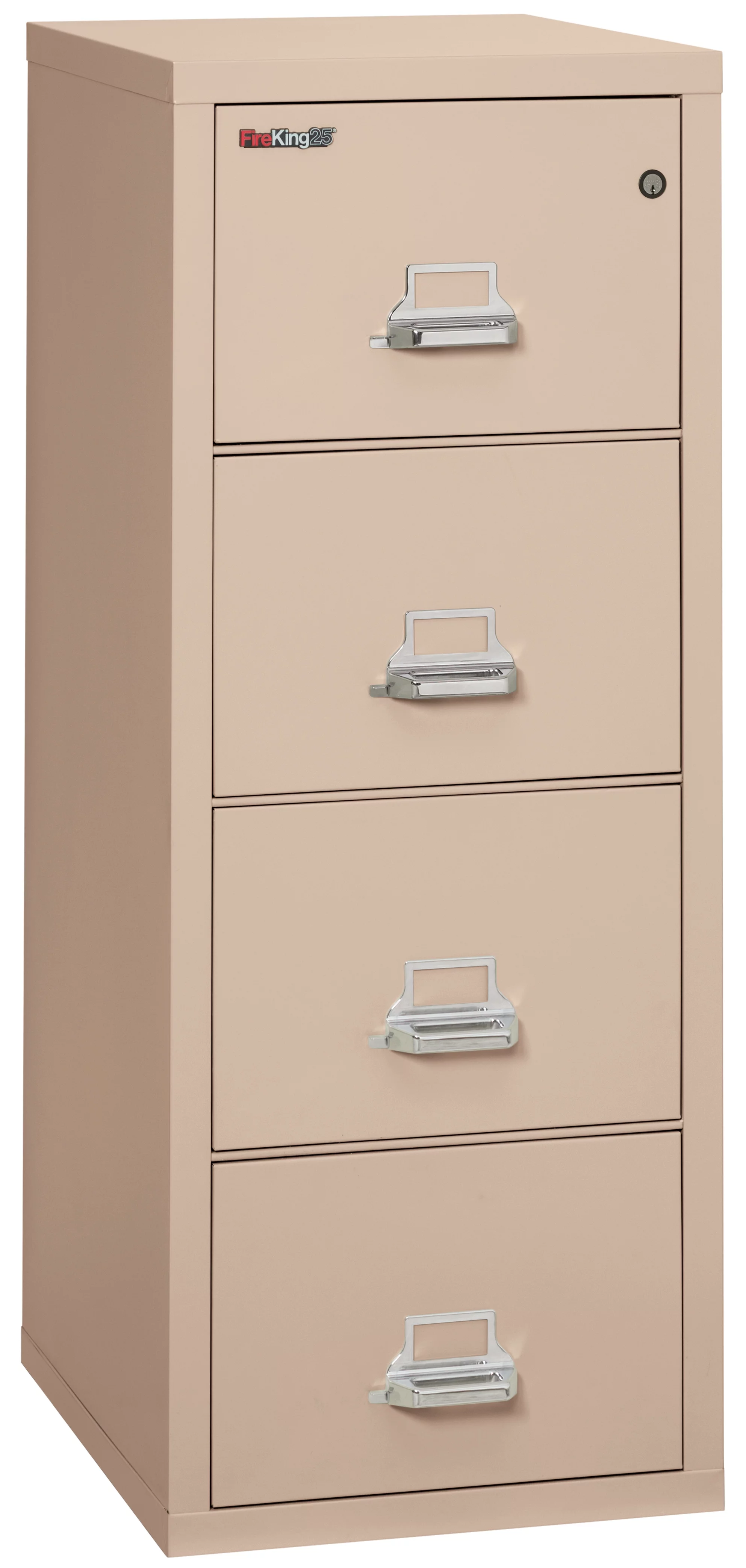 FireKing 25 Four-Drawer, Vertical Fire Resistant File Cabinet, 25" Depth Letter Size, 1-Hour Fire Resistant, Impact Rated Cabinet With Heavy-Duty Keylock, Champagne