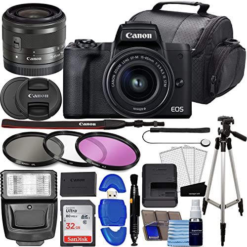 Canon EOS M50 Mark II Mirrorless Digital SLR with 15-45mm Lens Kit (Black) + 32GB Memory Card + 3 Piece Filter Kit, Tripod, Flash + Photography Bundle