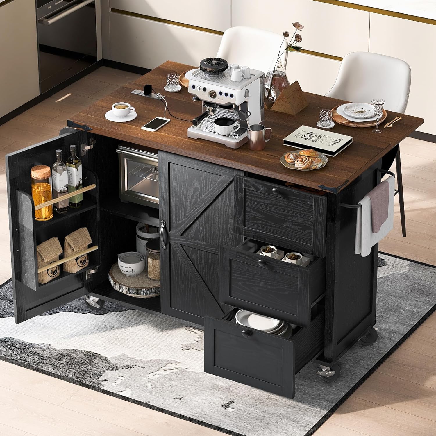 roomfitters 54.5" Farmhouse Kitchen Island with Power Outlet, Kitchen Storage Island with Internal Storage Rack, Drop Leaf, Spice Rack, Rolling Kitchen Cart, for Home, Kitchen and Dining Room (Black)