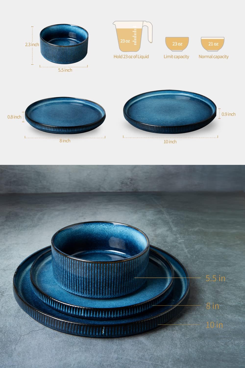 Famiware Dinnerware Set for 4 (12 Piece) and 10" Dinner Plates for 6 - Nebulas Blue