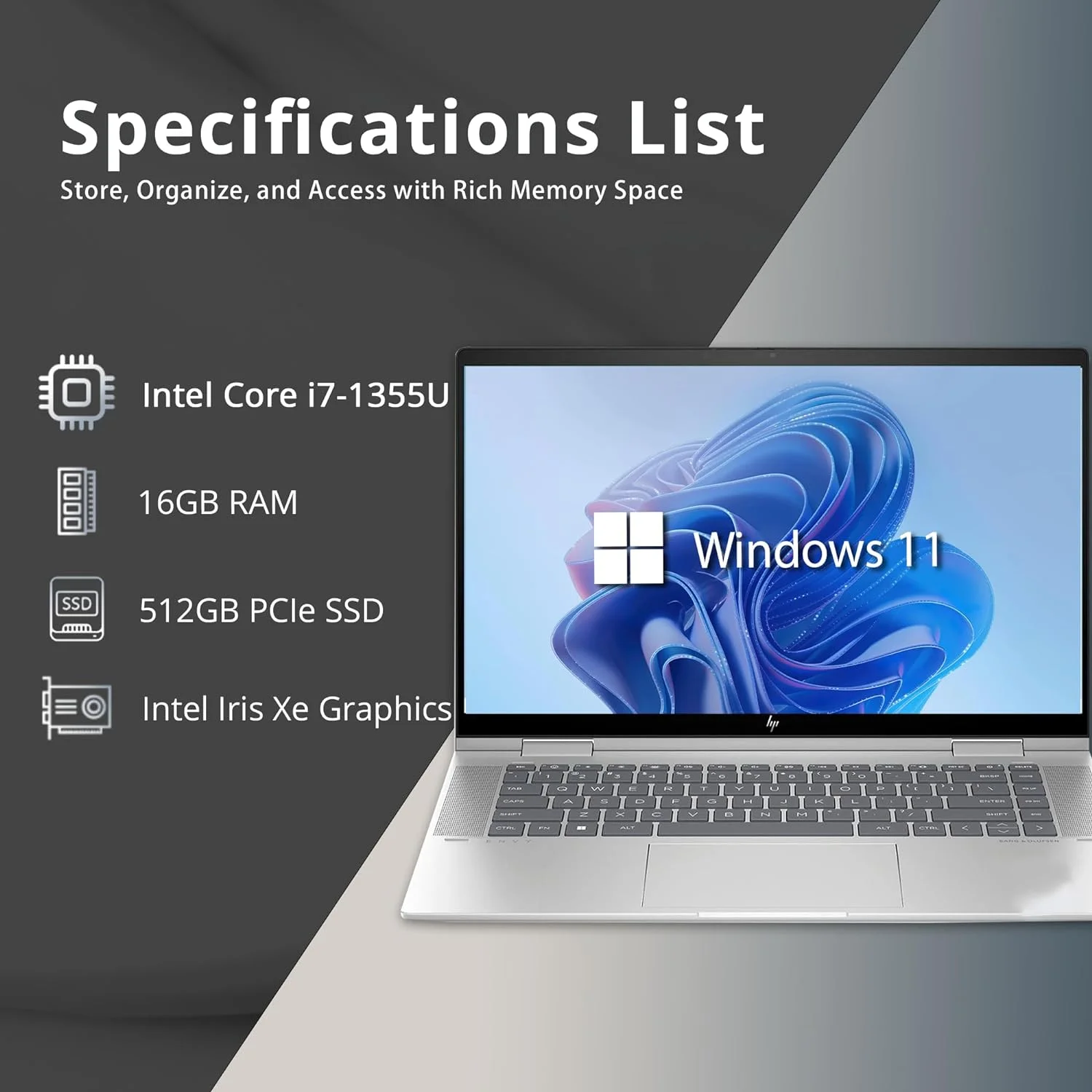 HP Envy x360 2-in-1 15.6" FHD Touchscreen Laptop, Intel Core i7-1355U, 16GB LPDDR5 RAM, 512GB SSD, Intel Iris Xe Graphics, Backlit KB, 5MP IR Camera, Win 11, Silver, Hotface 32GB USB Card