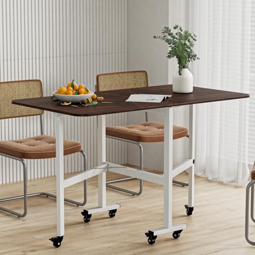 Folding Dining Table,Drop Leaf Dining Table,Foldable Expandable Table,Solid Wooden Foldable Workstation Desk with 6 Wheels,Rectangular Table for Kitchen Bedroom Living Room Bistro Brown