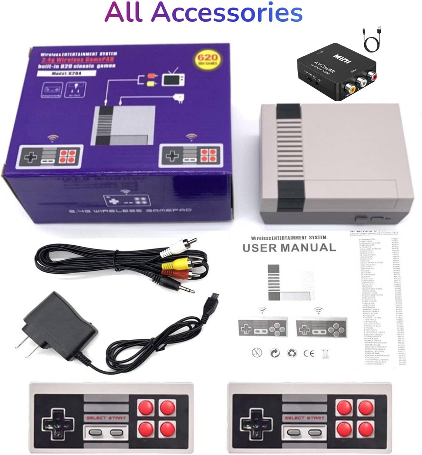 Classic Retro Games Console,Classic Game System with Built in 620 Games and 2 Controllers,AV and HDMI Output Video Games for Kids and Adults Pack of 2