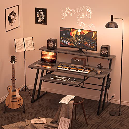 armocity 47'' Music Studio Desk with Power Outlet, Studio Desk for Music Production, Recording Studio Desk for Producer, Studio Workstation Desk for Music Recording, Piano Tray, Raised Stand, Oak