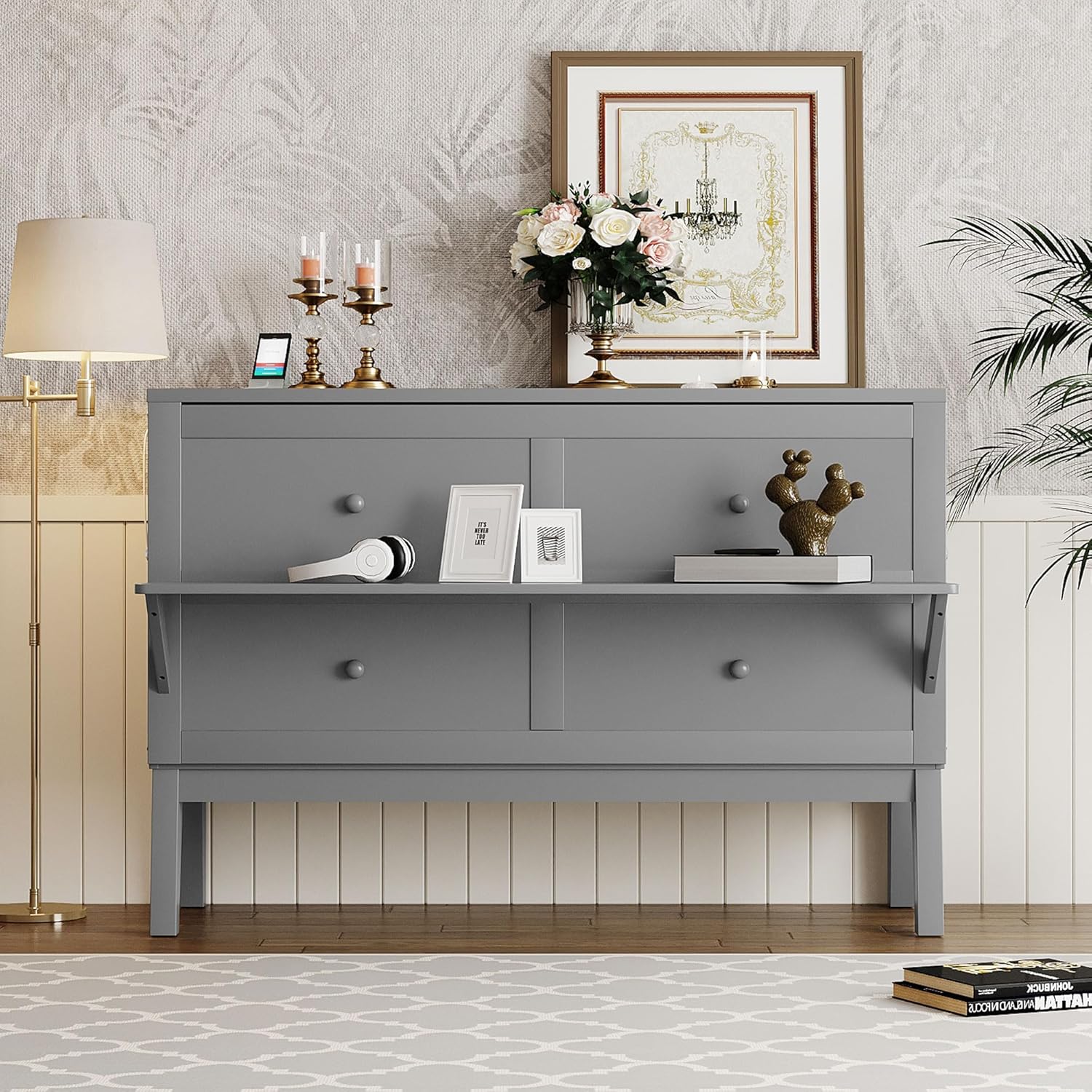 Murphy Bed Queen with Desk Board and Removable Shelves,Wooden Murphy Bed Cabinet with Charging Station, Space-Saving Modern Murphy Cube Wall Bed for Guest Room Home Office, Grey