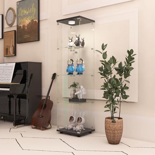Two-Door Glass Display Cabinet 4 Shelves with Door, Floor Standing Curio Bookshelf for Living Room Bedroom Office, 64.7"*31.7"*14.3", White