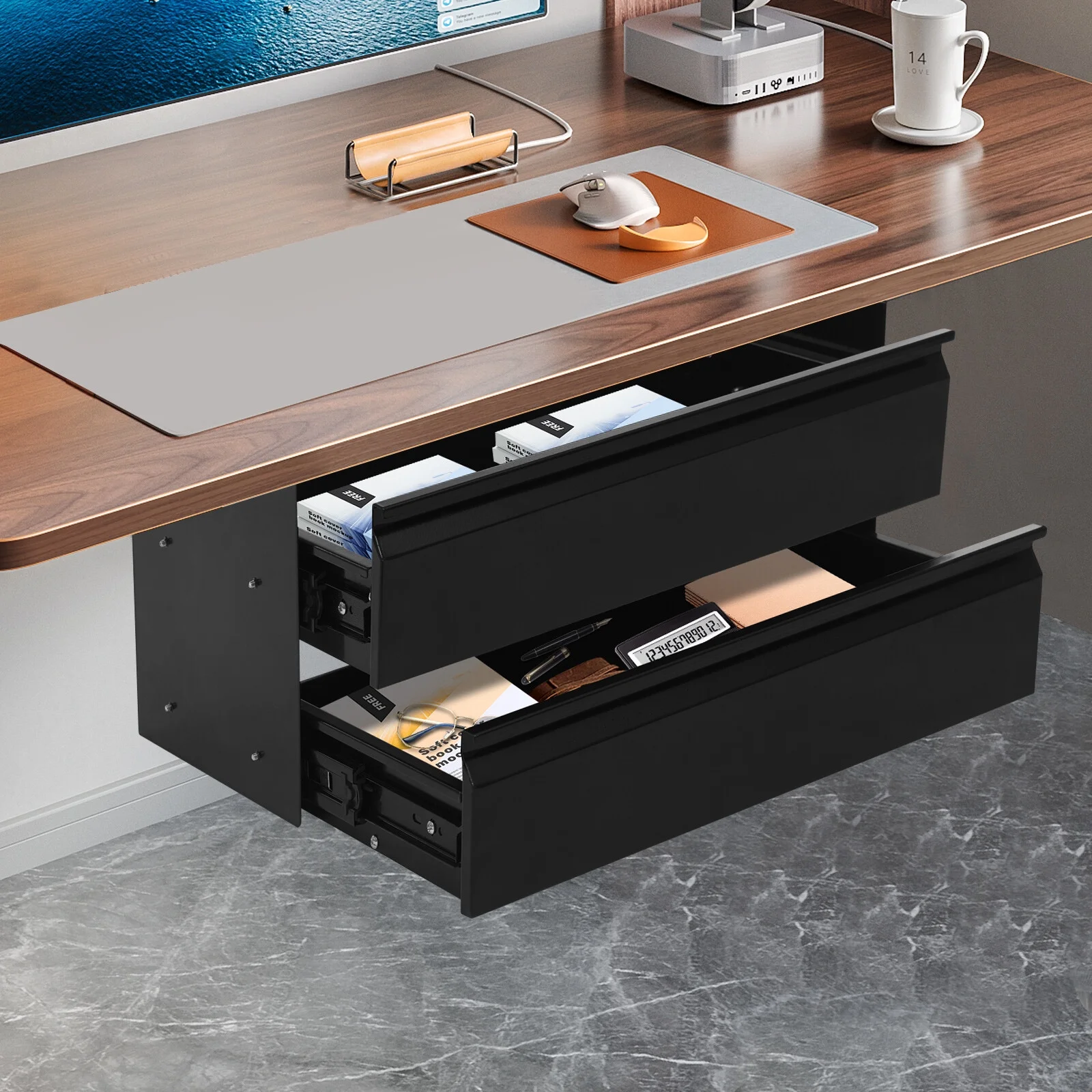 2-Tier Under Desk Sliding Drawer Organizer, Black Steel Pull-Out Storage Tray for Office Study, 6.6LB Capacity