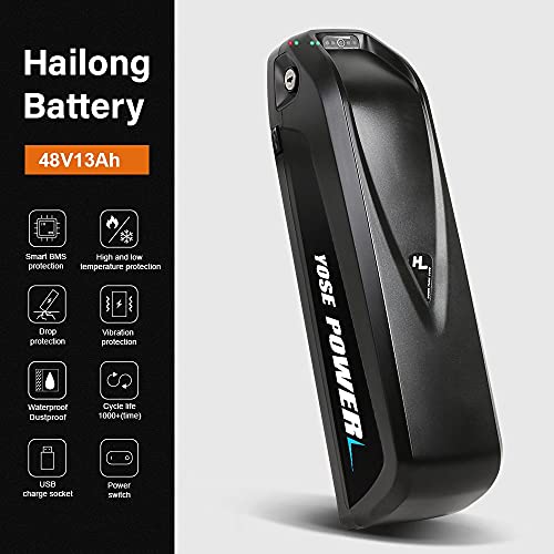 Yose Power Ebike Battery 36V 13Ah 17.4Ah/48V 13Ah 20Ah/52V 13Ah 15Ah Down Tube Battery for 200-1500W Motor, Electric Bicycle Lithium-Ion Battery, Safe Lock, Led Indicator Light, with Base and Charger