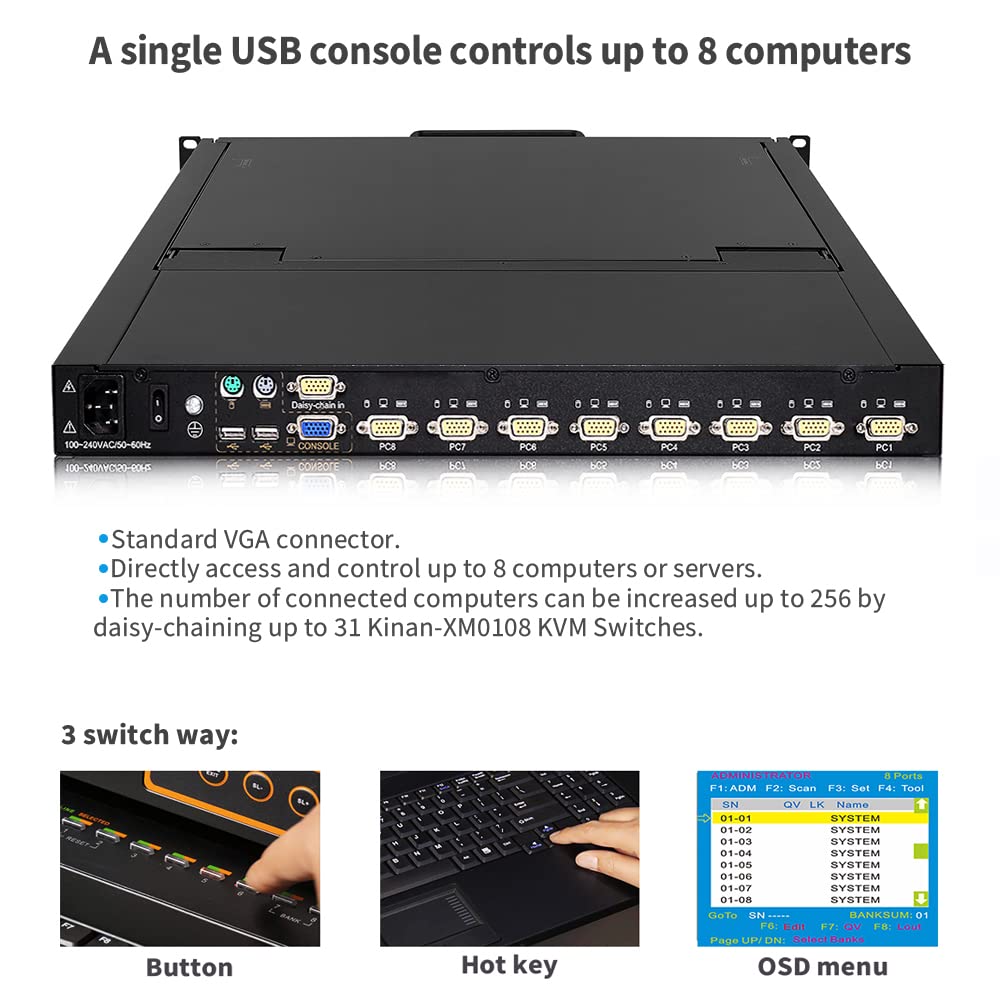 8 Port Rackmount KVM Console with 19 LCD Monitor,VGA KVM Console w/Cables,1U,1280×1024@60Hz