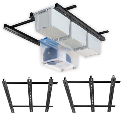 Wallmaster Garage Overhead Storage Rack, Ceiling Bin Organization System With Adjustable Rails, Heavy Duty Metal Overhead Bin Rack Holds Up to 5 Tote Bins (Black)