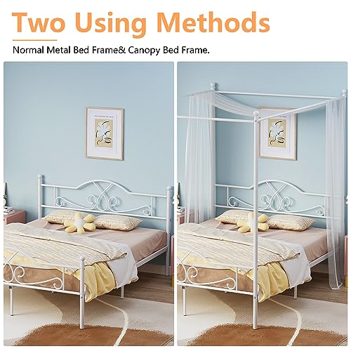 Weehom Full Canopy Bed Frame with Headboard and Footboard, Four-Poster Metal Canopied Platform Bed Mattress Foundation Underbed Storage Space No Box Spring Needed for Girls Adults Pink