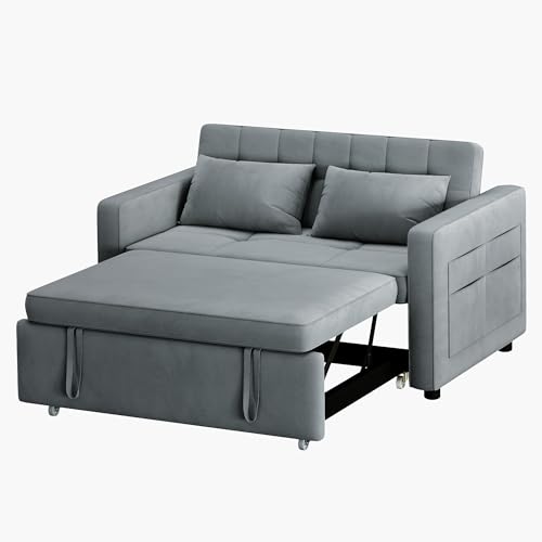 DWVO 55" Convertible Sofa Bed, 3-in-1 Sleeper Sofa with Pull-Out Bed, Velvet Futon Couch with Adjustable Backrest and Side Pocket, Modern Loveseat for Living Room Apartment, Grey, Full Size